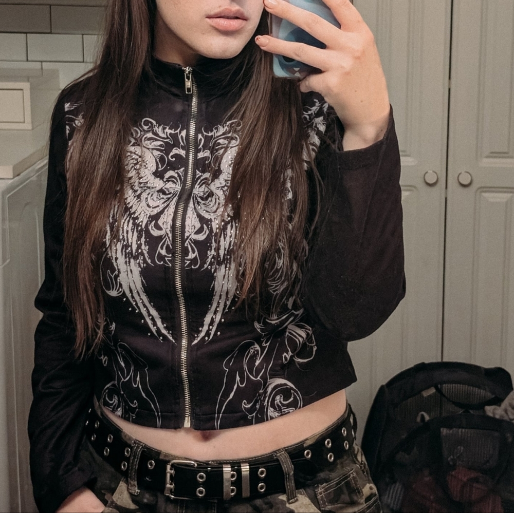 SHEIN Black Graphic Zip-Up Cropped Jacket